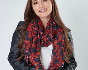 Organic Cotton Scarf Women's Red Ditsy Floral Wrap with rolled edges