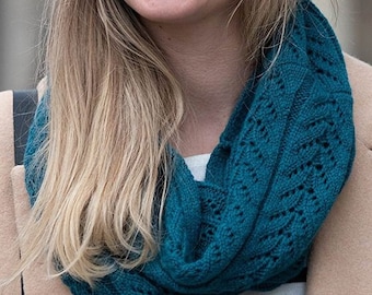 Knitted Cowl Scarf in a Rich Teal Blue Pointelle Openwork Chevron Pattern