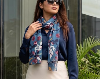 Scarf Large Teal Blue Floral and Leaf Wrap