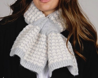 Pull Through Scarf Reversible Silver Grey and Cream Abstract Heart Knitted Neck Warmer Supersoft Recycled Blend
