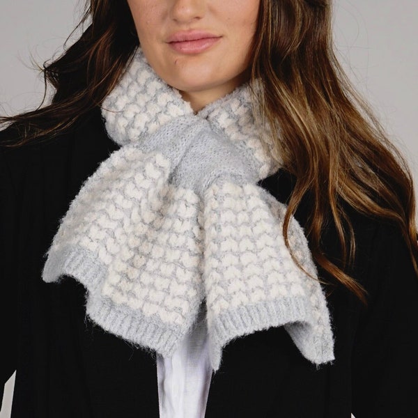 Pull Through Scarf Reversible Silver Grey and Cream Abstract Heart Knitted Neck Warmer Supersoft Recycled Blend