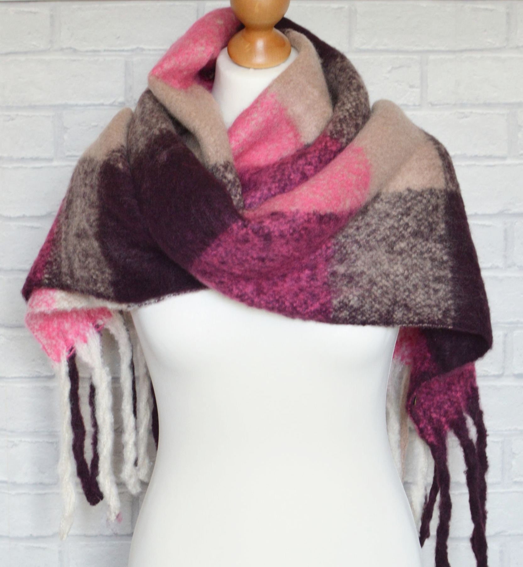 Winter Scarf Chunky Block Knitted Scarf with Tassels