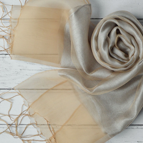 Sophia Silver Grey & Gold Organza Scarf 2 Layer Organza and Crepe Silk/Viscose Tasselled Bridal Bridesmaid Special Occasion Wrap