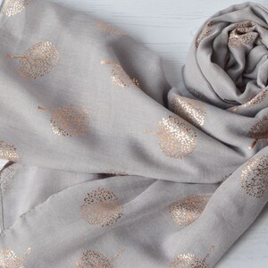 Tree of Life Scarf Light-Grey Soft Scarf with Rose Metallic Foil Tree Design image 3