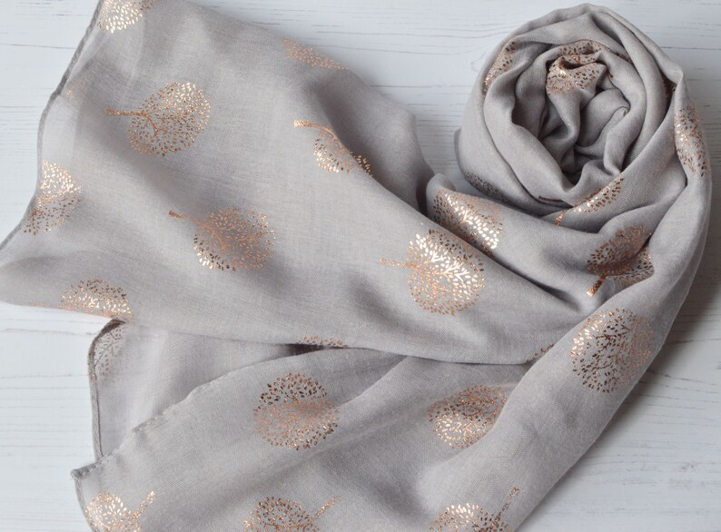 Tree of Life Scarf Light-Grey Soft Scarf with Rose Metallic Foil Tree Design image 3