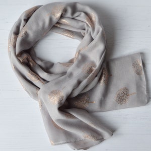 Tree of Life Scarf Light-Grey Soft Scarf with Rose Metallic Foil Tree Design image 4