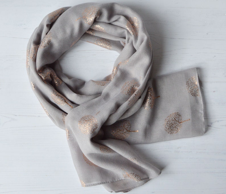 Tree of Life Scarf Light-Grey Soft Scarf with Rose Metallic Foil Tree Design image 4