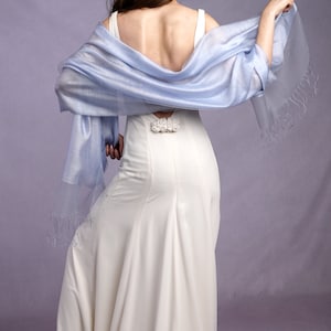 Sophia Pale Blue Organza and Crepe Silk/Viscose Tasselled Bridal Bridesmaid Special Occasion Wrap image 2
