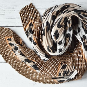 Square Scarf Leopard & Polka Dot Border Pleated Headscarf Brown Cream Silky Neckerchief