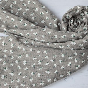 Lotus Flower Print Grey Cotton Mix Scarf with Herringbone Detail and Frayed Edges image 4