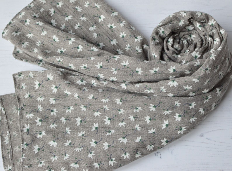 Lotus Flower Print Grey Cotton Mix Scarf with Herringbone Detail and Frayed Edges image 4