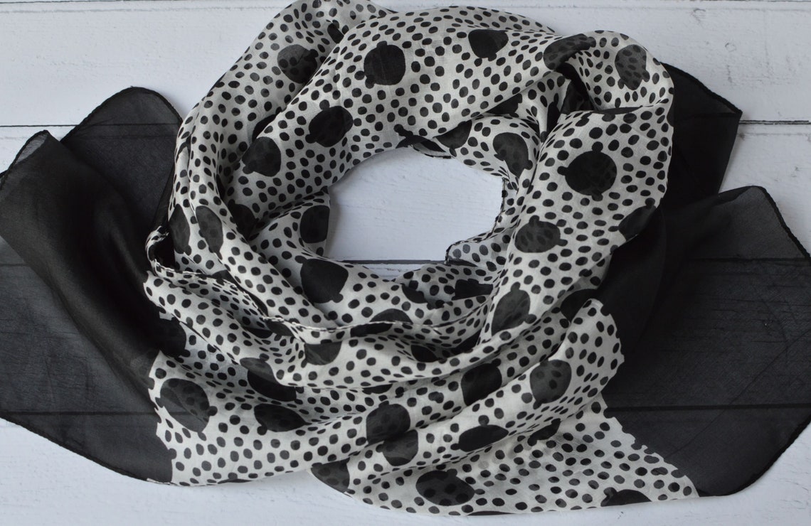 Seconds Sale Silk Scarf Black and White Polka Dot Chiffon Neck Etsy