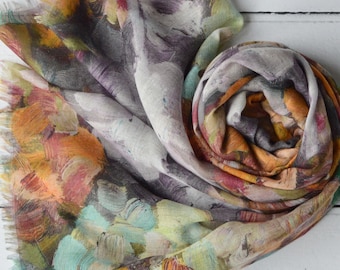 Abstract Floral Scarf Brush Stroke Watercolour Orange Cerise Green Grey Wrap