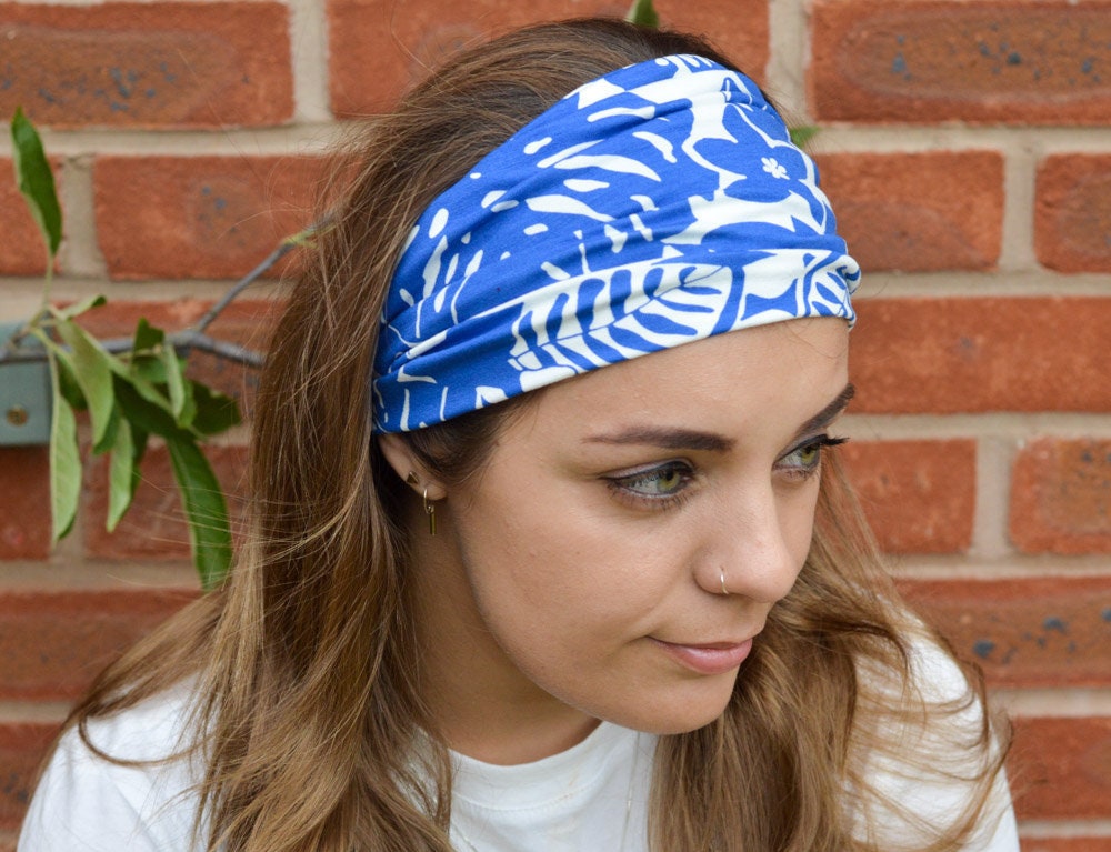 Womens headband Wide blue stretchy Bandana