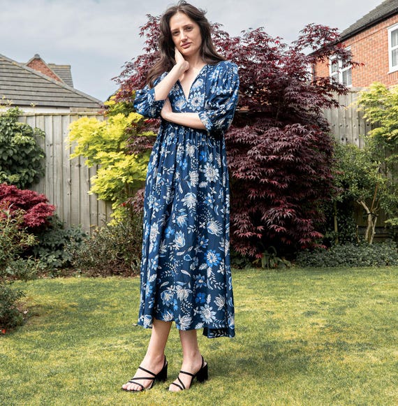 Blue Floral Dress | Manon Relaxed Fit Pull-on Dress With 3/4 Sleeves &  Gathered Skirt - Etsy Australia