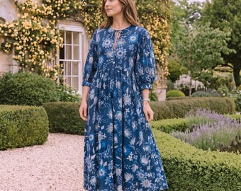 Blue Floral Dress | Manon Relaxed Fit Pull-On Dress with 3/4 Sleeves & Gathered Skirt