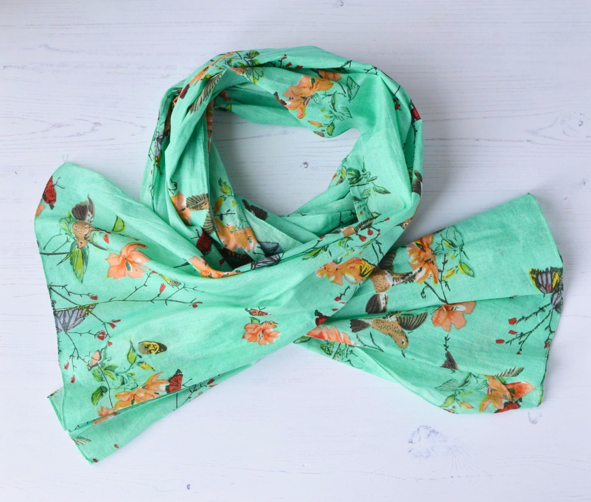 Organic Cotton Scarf Women's Mint Green Floral Wrap