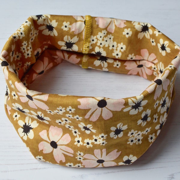 Jersey Floral Snood Multiway Cotton Neck Warmer Face Covering or Hairband Mustard Daisies