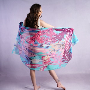 Haiti Scarf Tropical Print Wrap in Blue and Fuchsia Pink