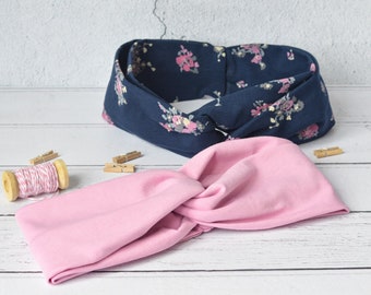 Asana Twisted Knot Headbands Pink Navy Floral Small Two pack Organic Cotton