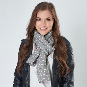 Lotus Flower Print Grey Cotton Mix Scarf with Herringbone Detail and Frayed Edges image 3