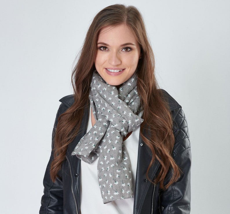 Lotus Flower Print Grey Cotton Mix Scarf with Herringbone Detail and Frayed Edges image 3