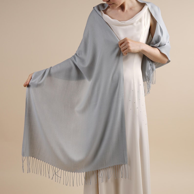 April Silver Grey Pashmina Soft Light Weight Large Special Occasion Wrap with Tassels image 3