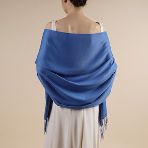 April Royal Blue Pashmina Soft Light Weight Large Special Occasion Wrap with Tassels