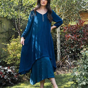 Layered Dress Chelsea Teal Blue Floaty Loose Fitting Dress with Button Detail