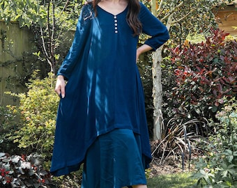 Lagenkleid Schnürsenkel Blau Floaty Locker sitzendes Kleid mit Knopf-Detail