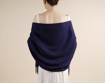 Navy Blue Pashmina Drew Super Soft Large Special Occasion Wrap with Tassels