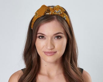 Mustard Bow Headband Women Top Knot Vintage Floral Rigid Hair Band with Detachable Bow