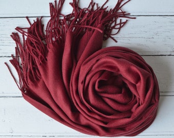 April Red Wine Pashmina Soft Light Weight Large Special Occasion Wrap with Tassels