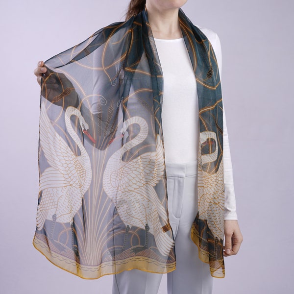 Blue Silk Neck or Head Scarf Swan Light Chiffon Wrap inspired by Art Nouveau painter Walter Crane