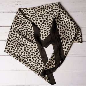 Seconds Sale Leopard Scarf Square Headscarf or Neckerchief Silky Black & Ivory Animal Print with Black Border