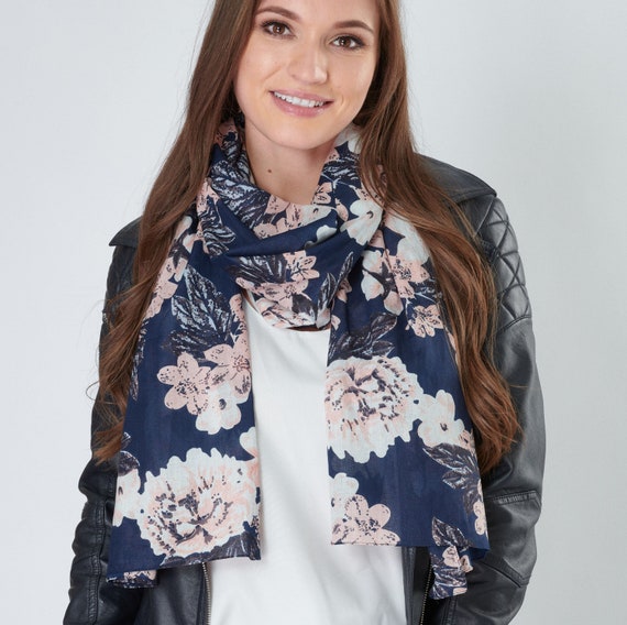 Organic Cotton Scarf Women's Navy Blue Salmon Pink and White