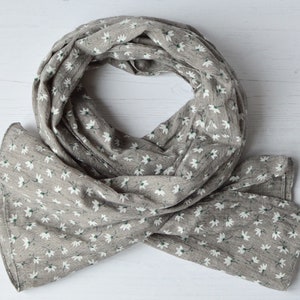 Lotus Flower Print Grey Cotton Mix Scarf with Herringbone Detail and Frayed Edges image 6