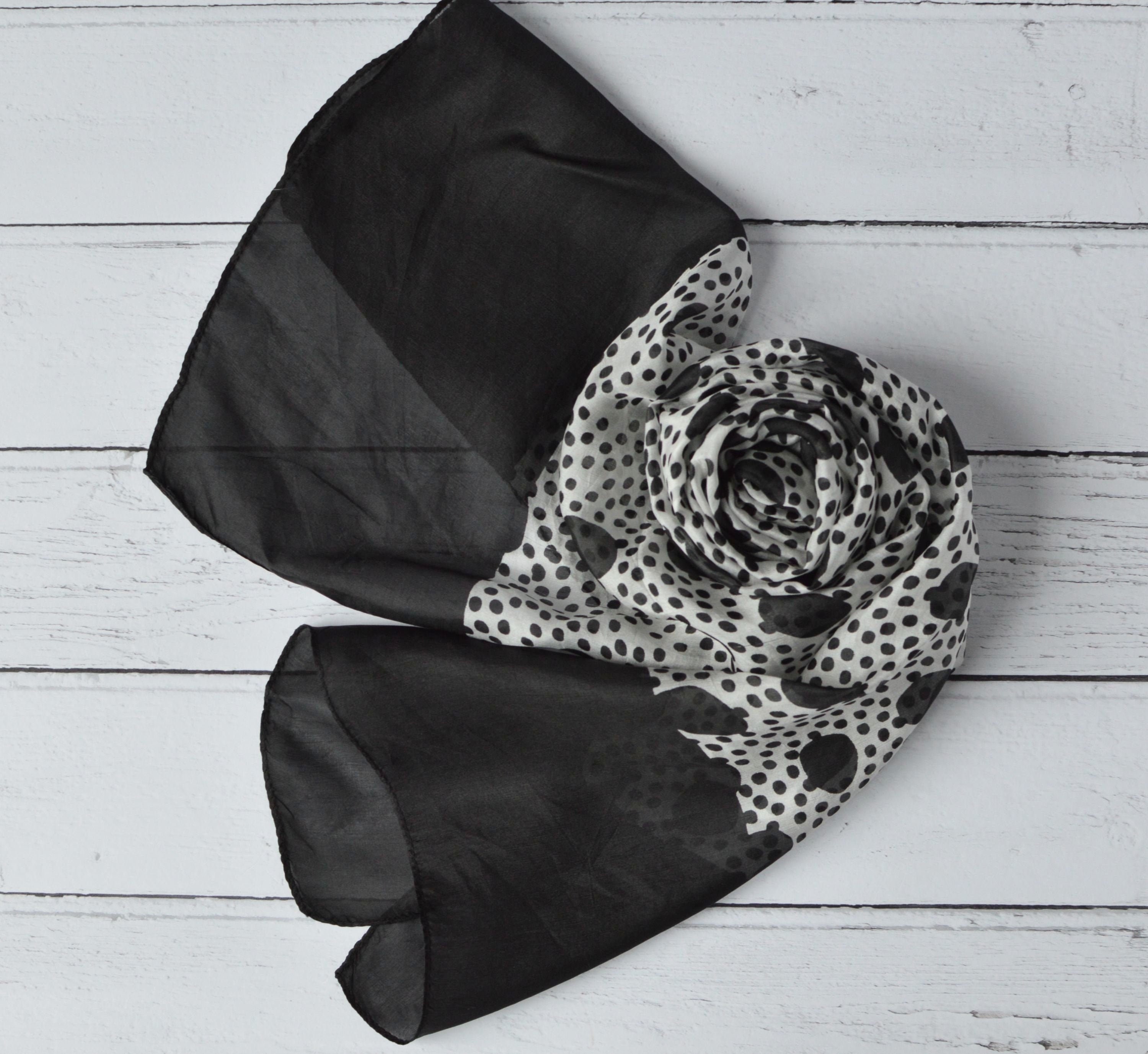 Seconds Sale Silk Scarf Black and White Polka Dot Chiffon Neck Etsy