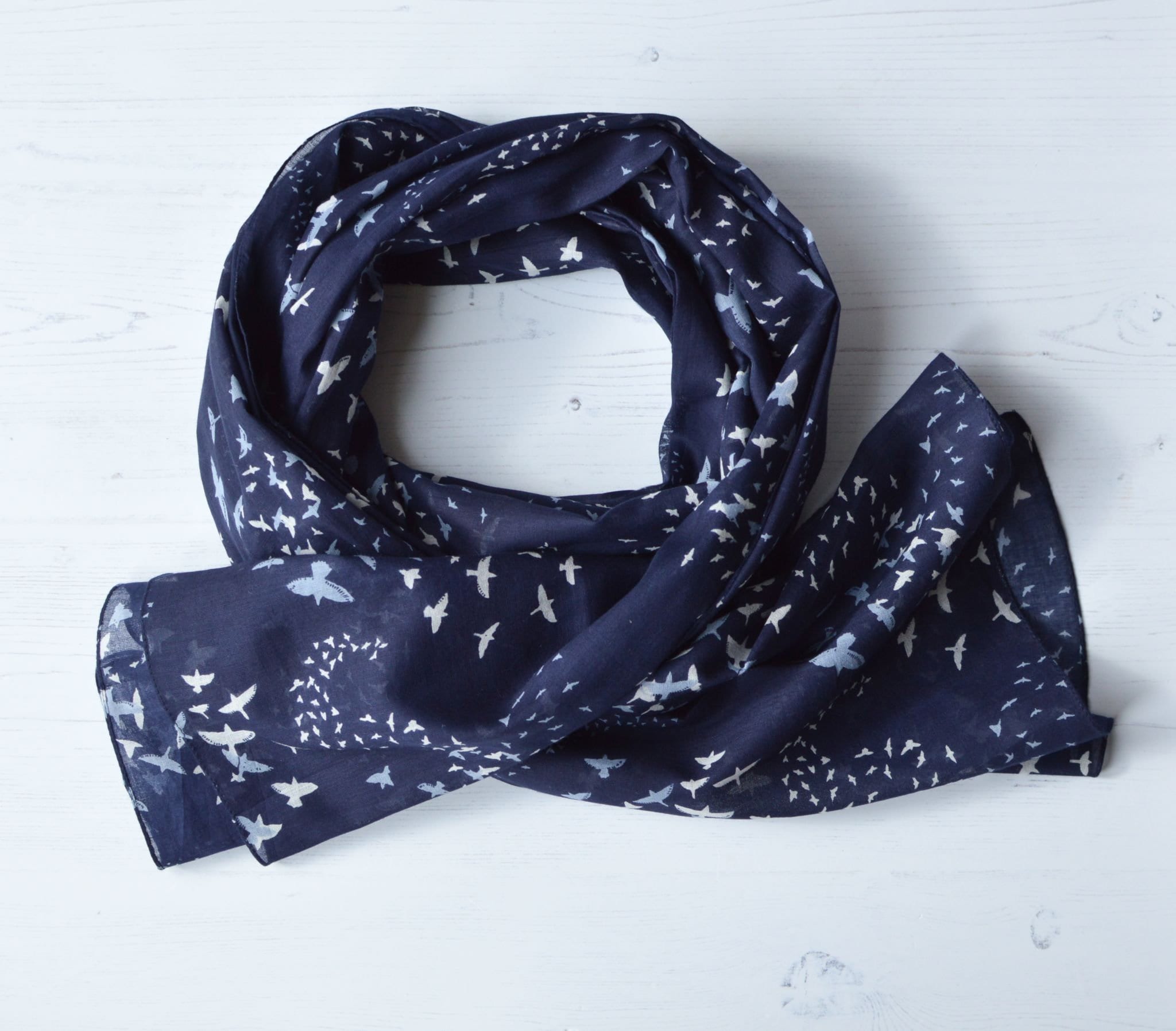 Organic Cotton Large Dark Blue Scarf with Murmuration of Starlings