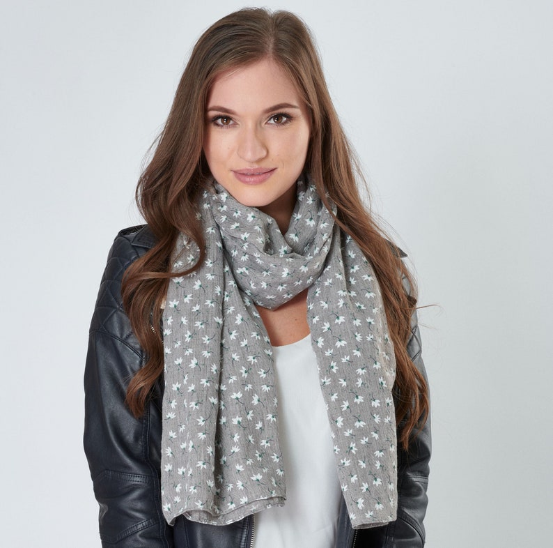 Lotus Flower Print Grey Cotton Mix Scarf with Herringbone Detail and Frayed Edges image 5