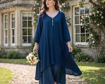 Layered Dress Chelsea Teal Blue Floaty Loose Fitting Dress with Button Detail
