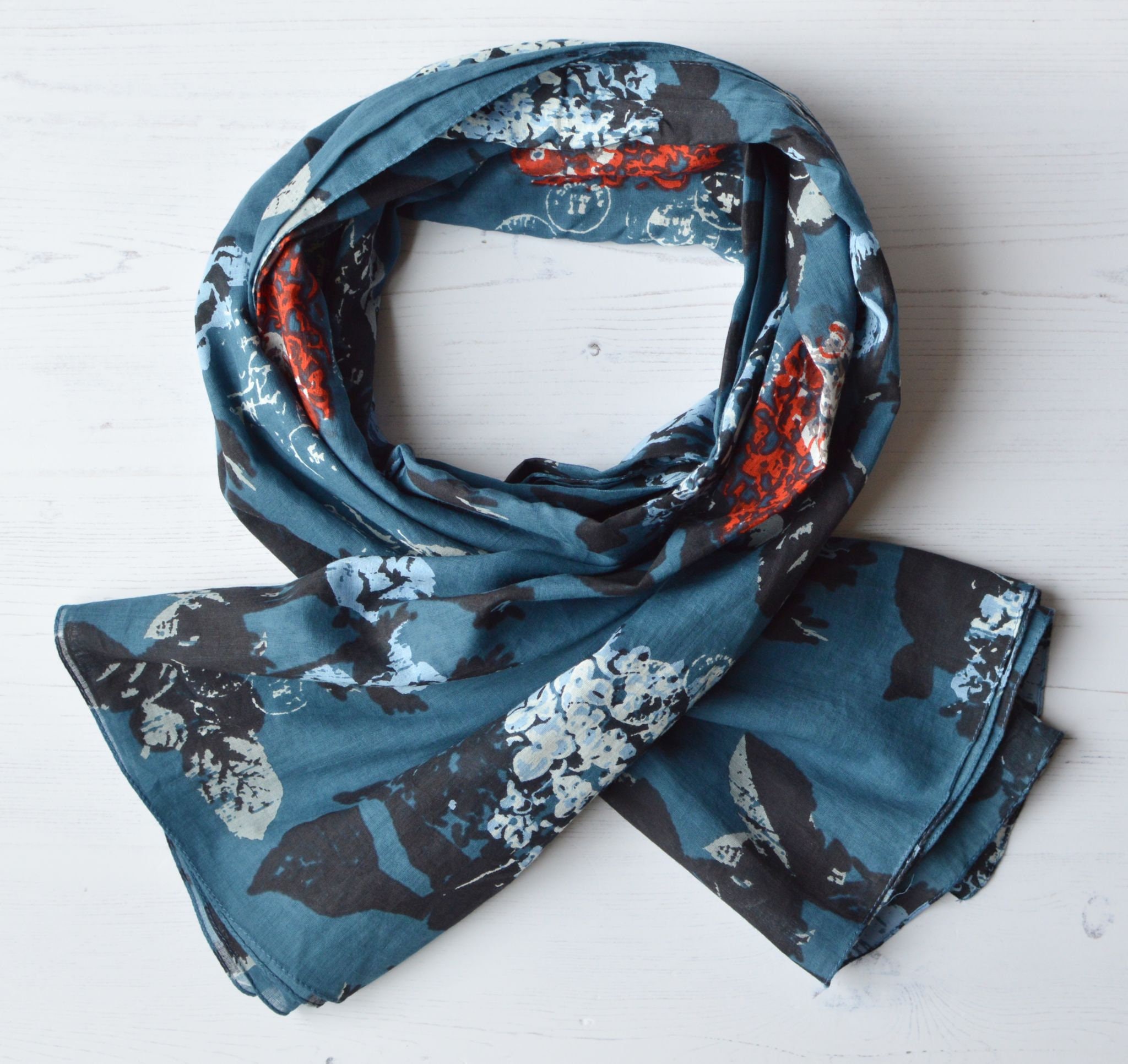 Organic Cotton Scarf Large Teal Blue Floral Wrap With Rolled - Etsy UK