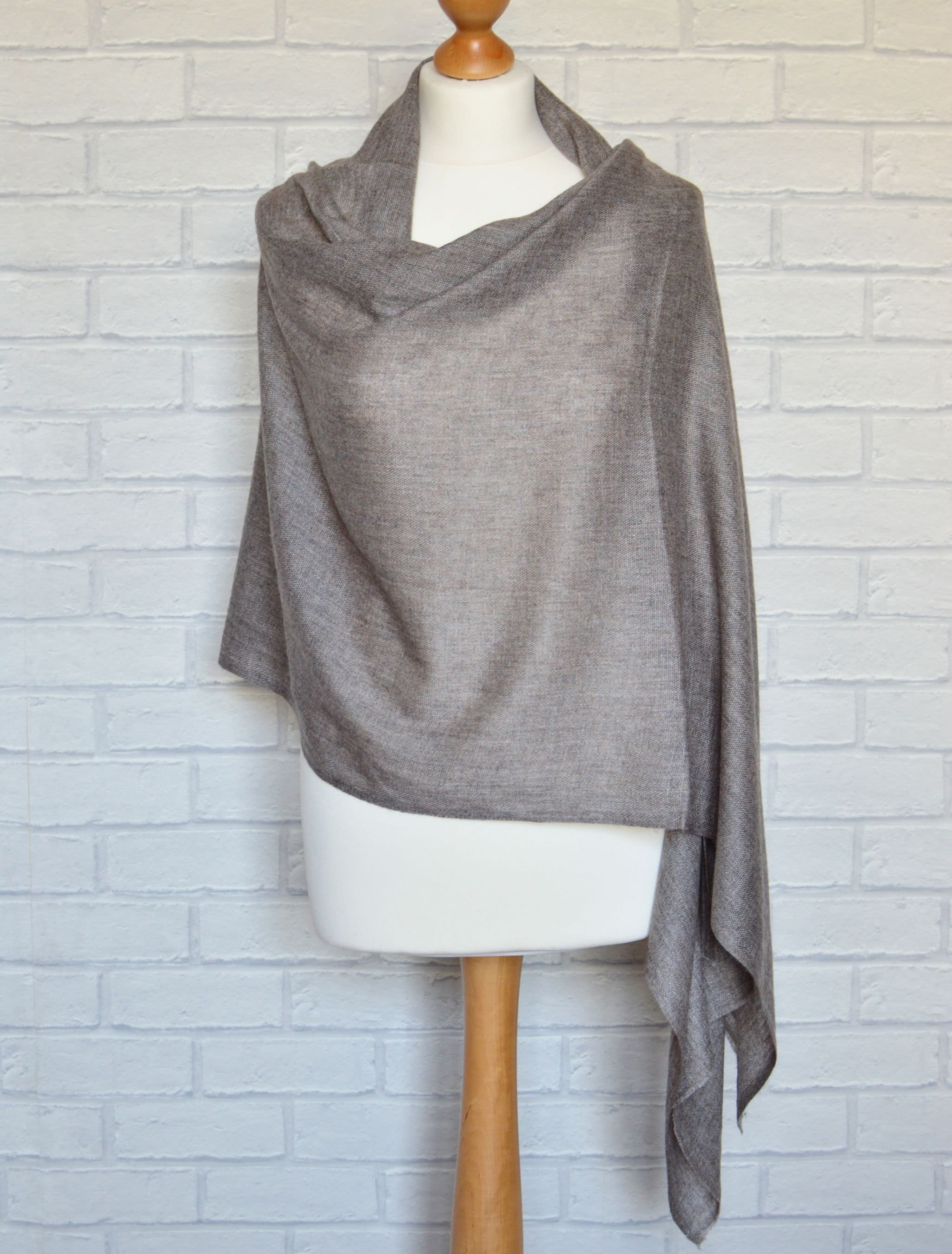Cashmere Scarf Soft Handwoven Nepalese Wrap in Light Brown Marl with Softly Frayed ends
