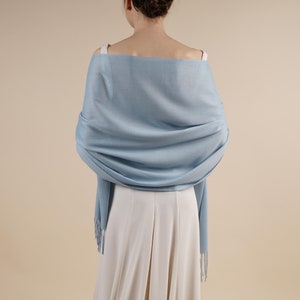 April Powder Blue Pashmina Soft Light Weight Large Special Occasion Wrap with Tassels