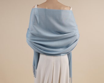 April Powder Blue Pashmina Soft Light Weight Large Special Occasion Wrap with Tassels