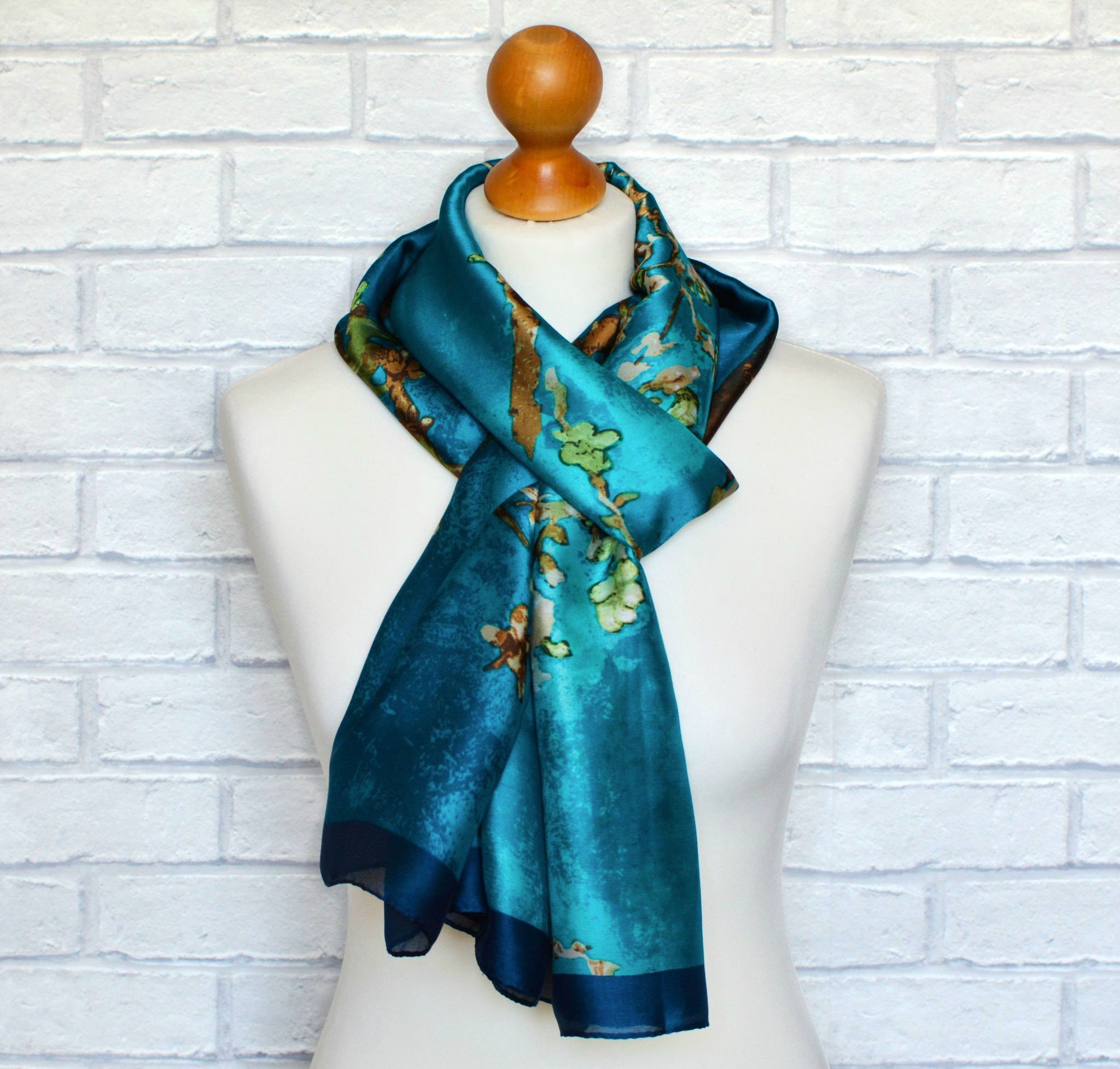 AYStudioUK Large Silk Scarf Van Gogh Almond Blossom Print Turquoise and Blue Light Weight Wrap