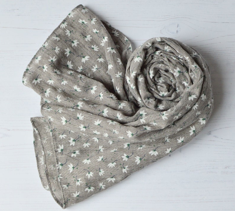 Lotus Flower Print Grey Cotton Mix Scarf with Herringbone Detail and Frayed Edges image 2