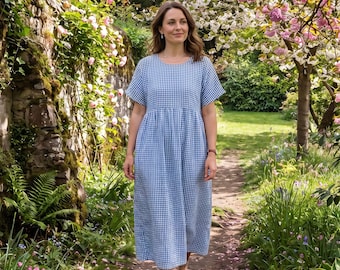 Blue Gingham Check Dress | Martina Short Sleeve Cotton Seersucker Oversized Dress