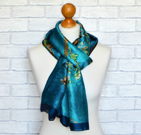 Large Silk Scarf Van Gogh Almond Blossom Print Turquoise and  display picture 1