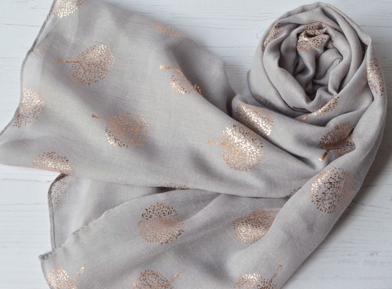 Tree of Life Scarf Light-Grey Soft Scarf with Rose Metallic Foil Tree Design image 1